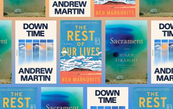 A collage of contemporary book covers arranged in a repeating grid. Titles include Down Time by Andrew Martin, a white book with rectangular images of sunshine and rain clouds on the cover; The Rest of Our Lives by Ben Markowitz, which has a small yellow car travling across a desert on the cover; and Sacrament by Susan Straight, which features an abstract blur of blue and green above a photograph of a camper van.