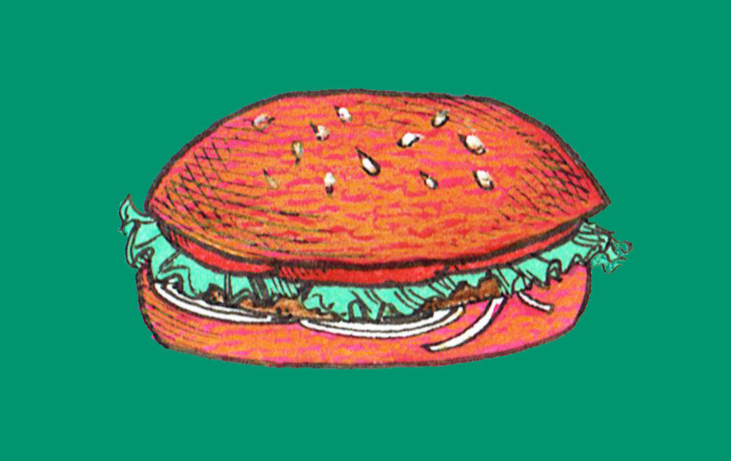 A cartoon drawing of a sandwich, on a green background.