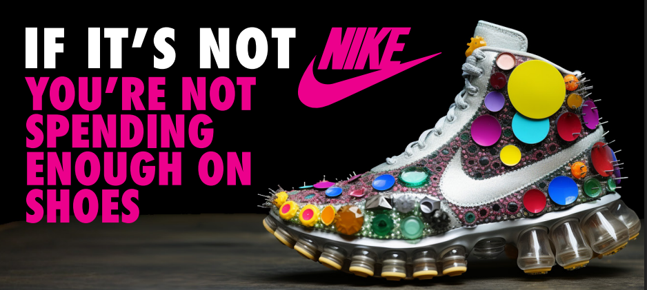A satirical ad shows a sneaker covered in neon-colored circles, rhinestones, and glitter. The caption reads: "If it's not Nike, you're not spending enough on shoes."