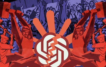 In a Photoshopped collage, two large red men are smashing the ChatGPT logo with hammers, depicted in a Soviet Realist art style.