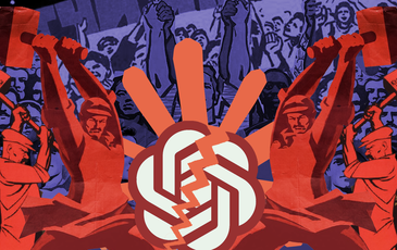In a Photoshopped collage, two large red men are smashing the ChatGPT logo with hammers, depicted in a Soviet Realist art style.