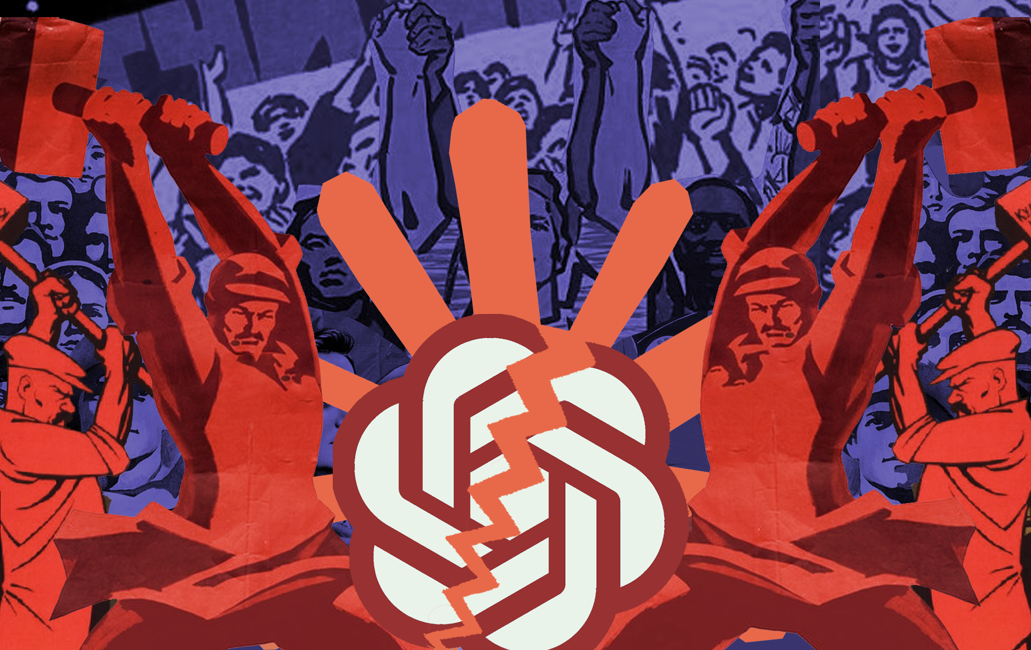 In a Photoshopped collage, two large red men are smashing the ChatGPT logo with hammers, depicted in a Soviet Realist art style.